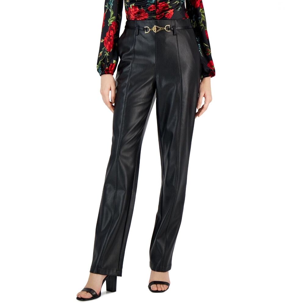 INC International Concepts High Rise Belted Faux Leather Pants Black‎ Size 10